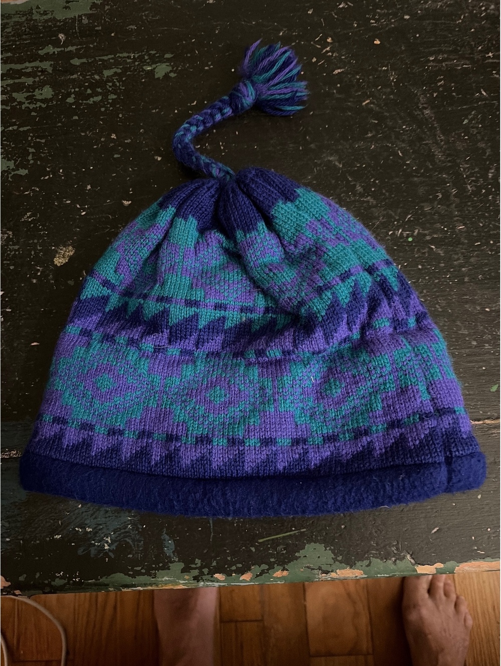 Vintage Wool Knit Winter Hat with Braided Tassel and Acrylic Liner